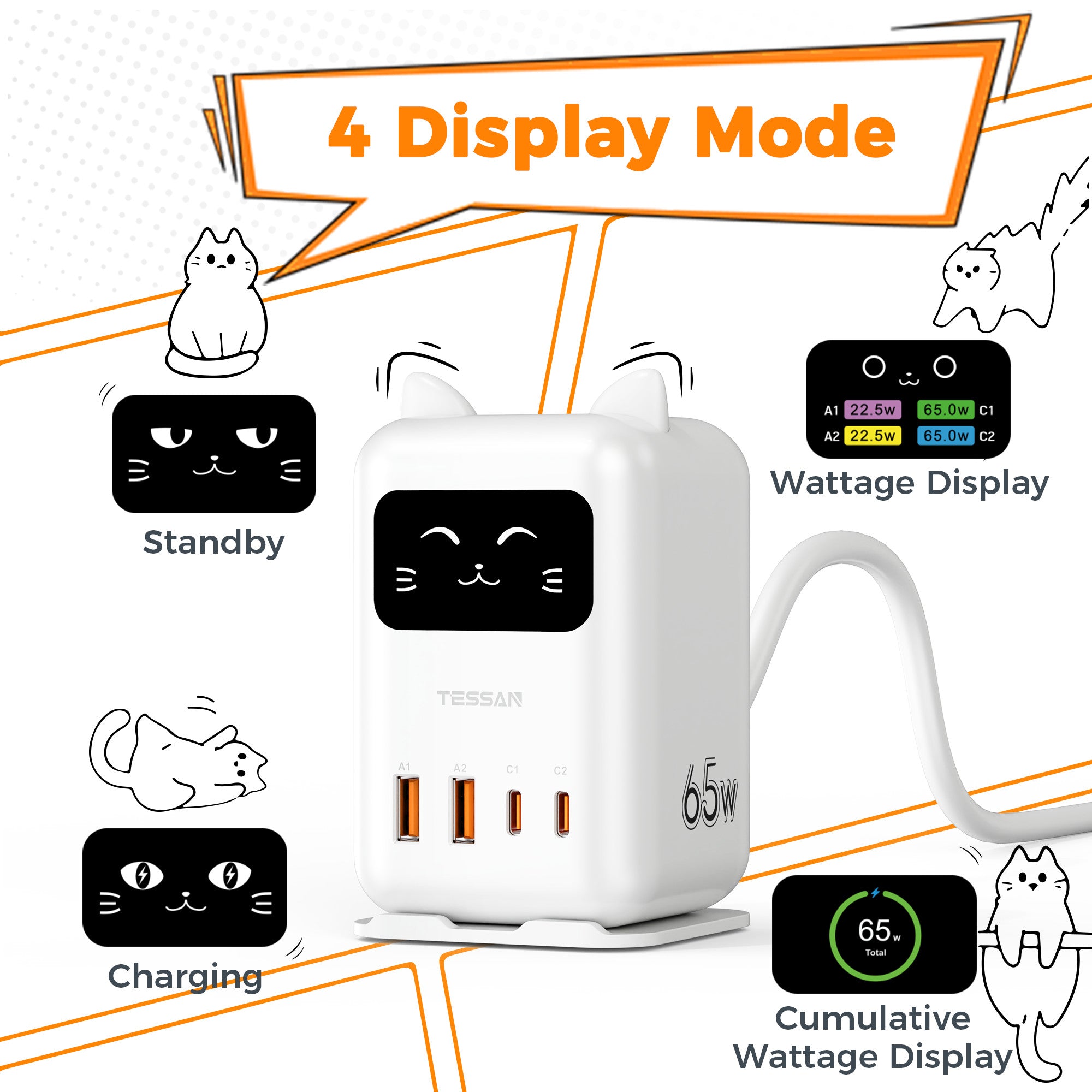 TESSAN PD65W GaN Fast Charger 1.5 Meter USB Station, Cute Cat Design Multi-Port Wall Charger
